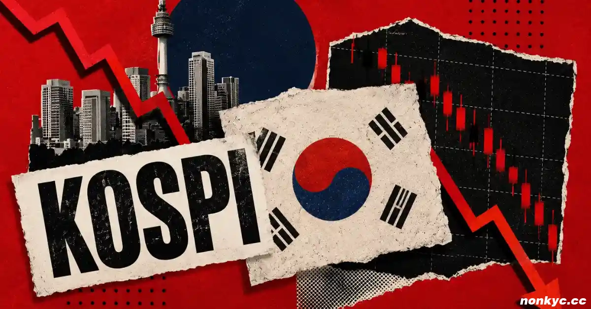 一张向下倾斜的红色市场图表，上面显示了韩国和美国的国旗。