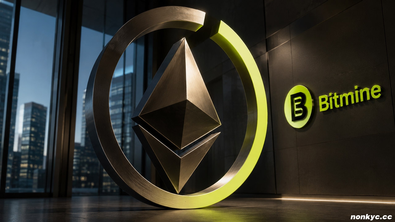 在Bitmine品牌金融塔内，一个近乎完整的圆形进度环中，矗立着巨大的以太坊标志。