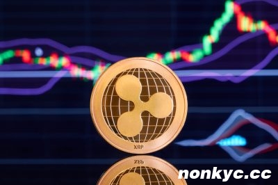 一枚闪亮的金色瑞波币(XRP)位于画面中央,其上印有瑞波标志,部分反射在深色光滑的表面上。在模糊的背景中,深蓝色背景上可见绿色、红色和紫色线条以及K线图,暗示着市场数据。